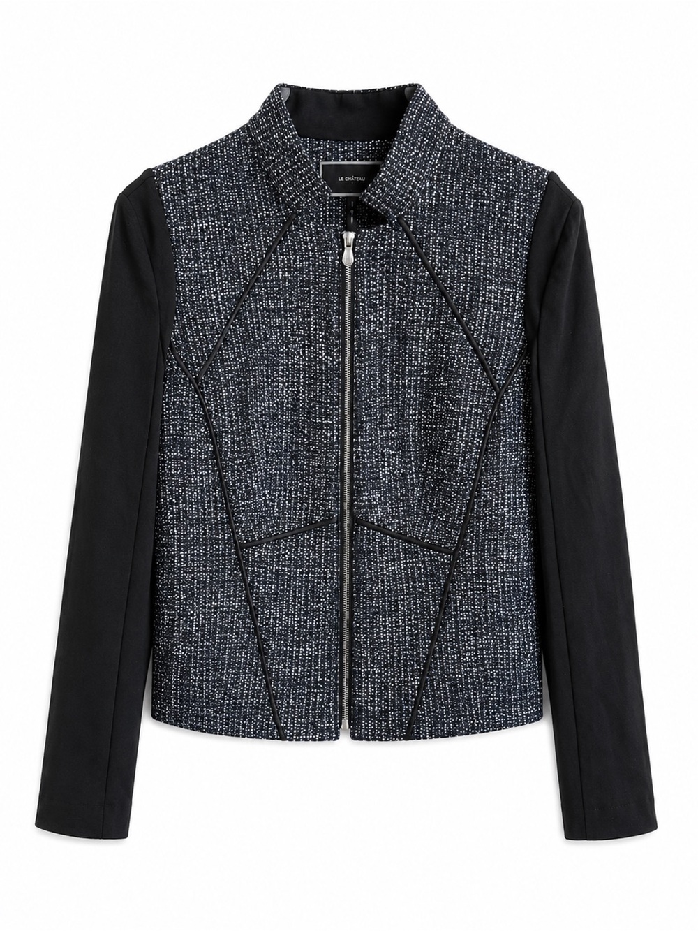 Le Château Blue Tweed & Black Zip-Front Structured Jacket Size L New without tag